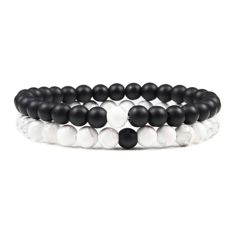 Black, White, and Natural Stone Couples Bracelet Set