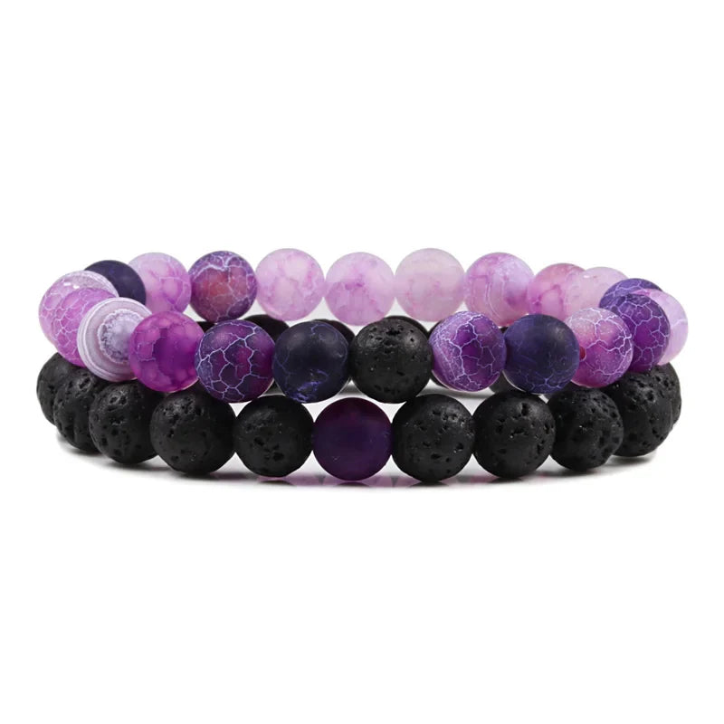 Black, White, and Natural Stone Couples Bracelet Set