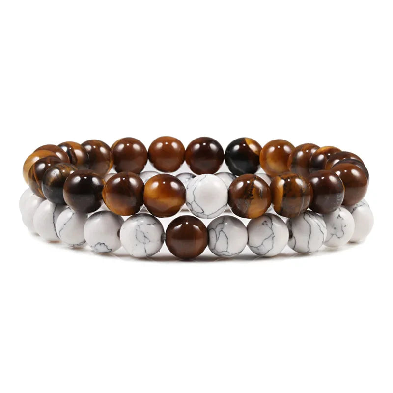 Black, White, and Natural Stone Couples Bracelet Set