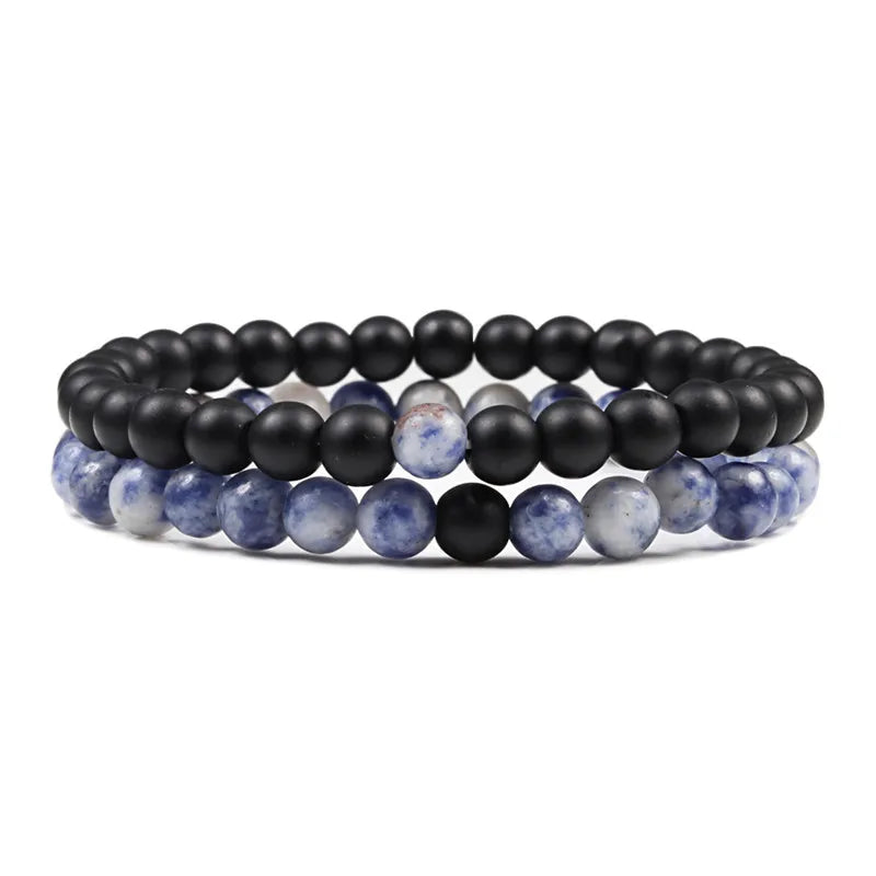 Black, White, and Natural Stone Couples Bracelet Set