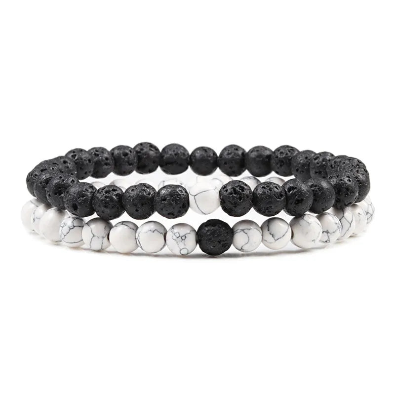 Black, White, and Natural Stone Couples Bracelet Set