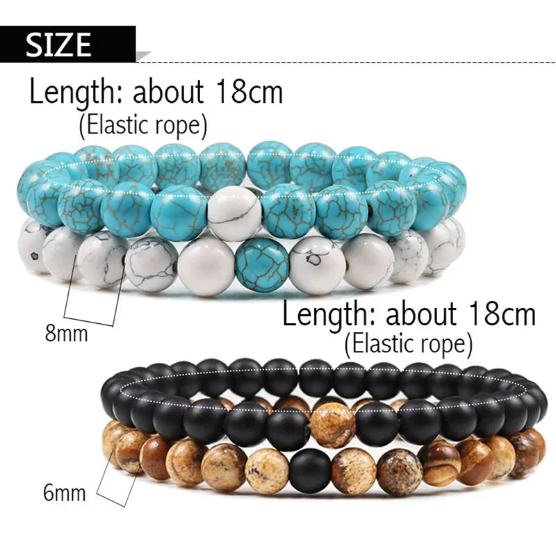 Black, White, and Natural Stone Couples Bracelet Set