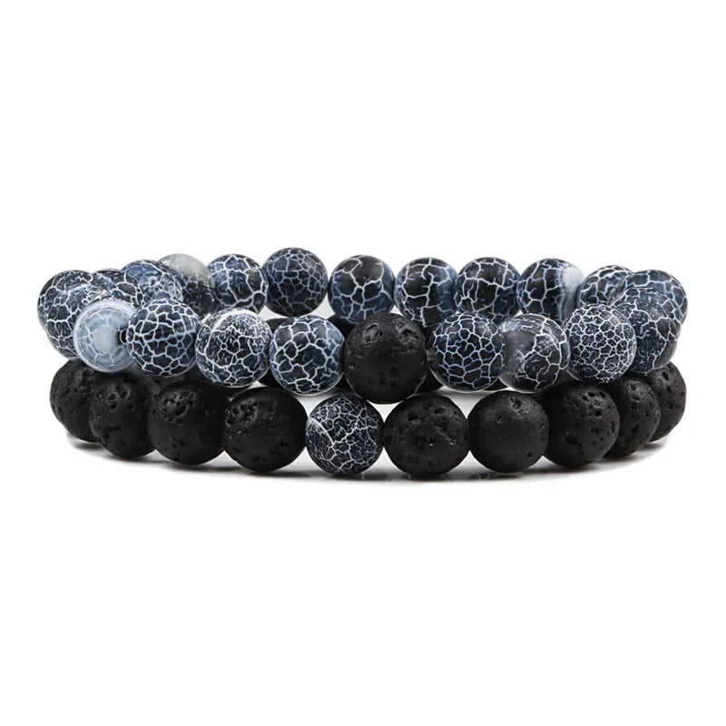 Black, White, and Natural Stone Couples Bracelet Set