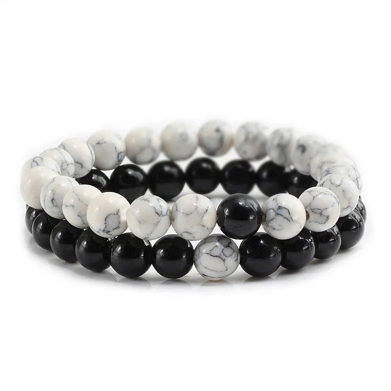 Black, White, and Natural Stone Couples Bracelet Set