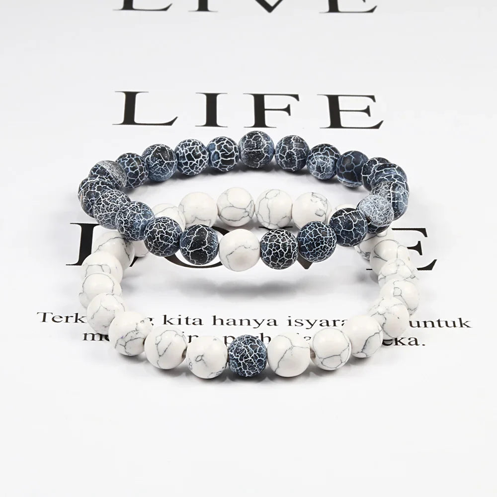 Black, White, and Natural Stone Couples Bracelet Set