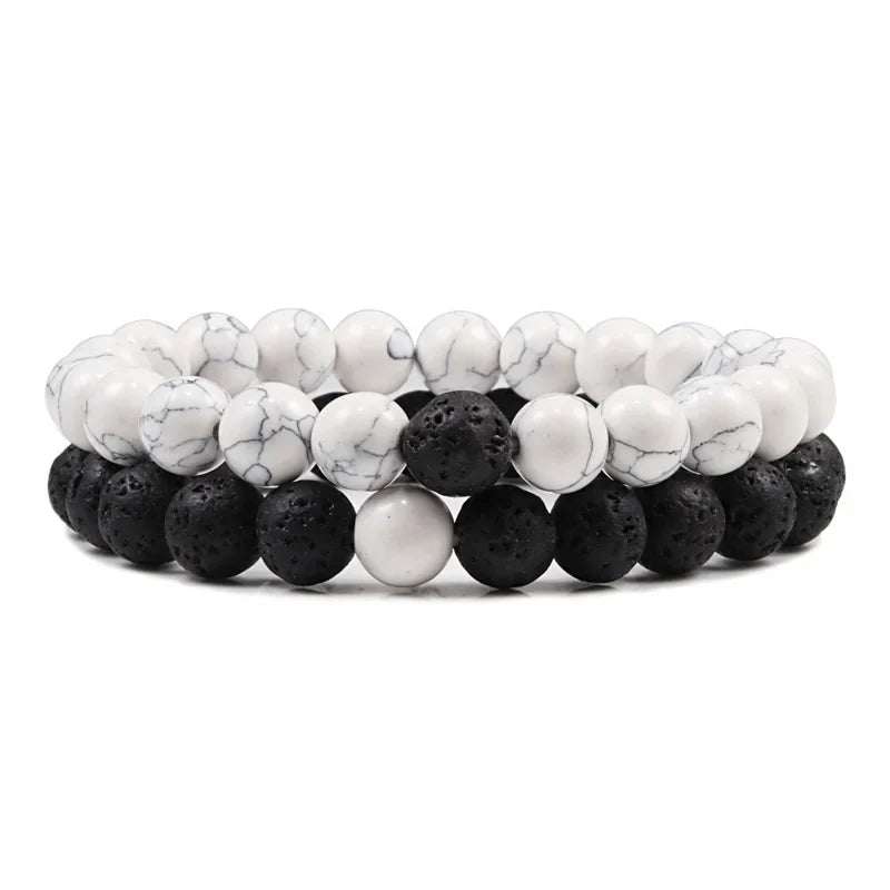 Black, White, and Natural Stone Couples Bracelet Set