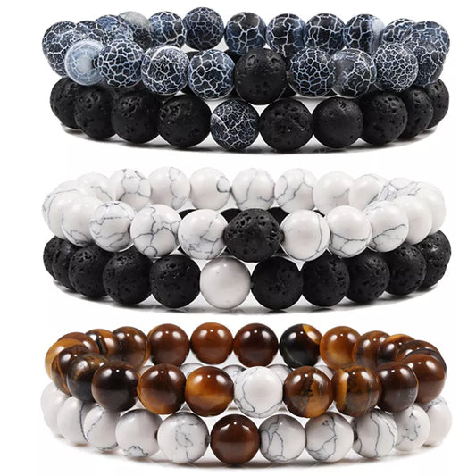 Black, White, and Natural Stone Couples Bracelet Set