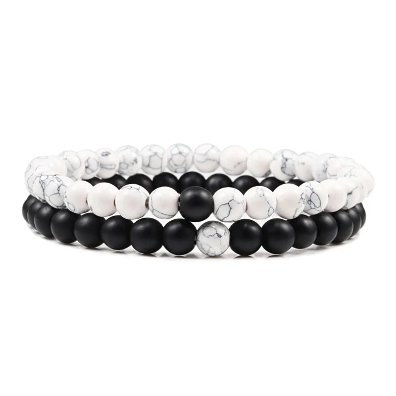 Black, White, and Natural Stone Couples Bracelet Set