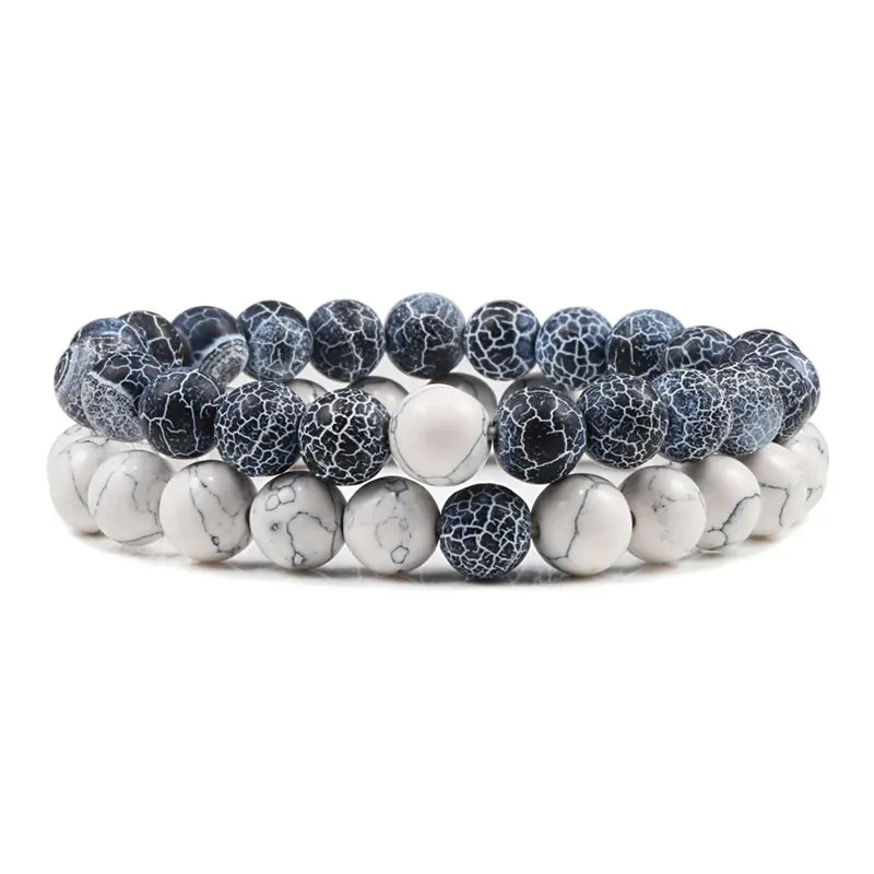 Black, White, and Natural Stone Couples Bracelet Set